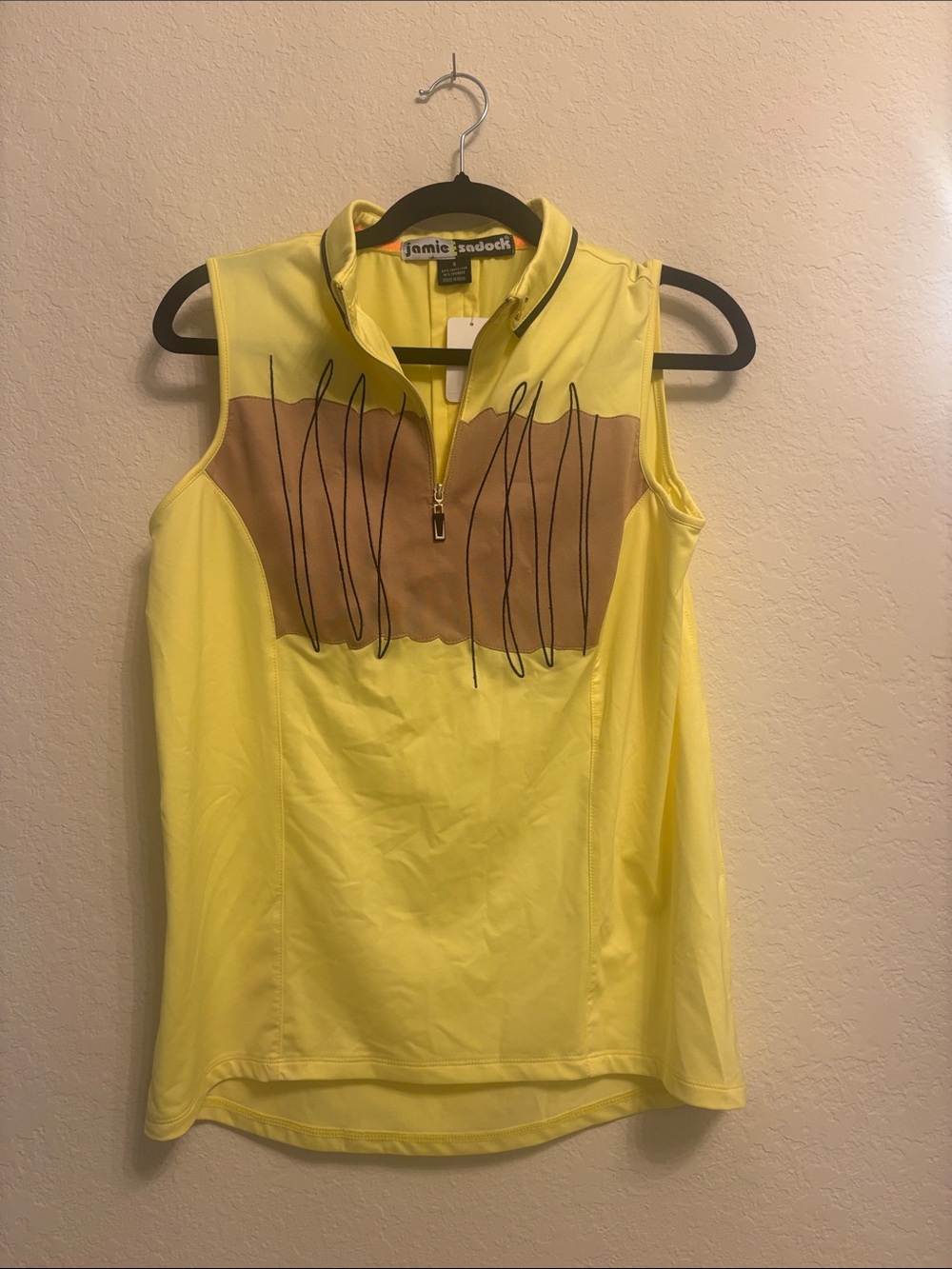 Bee Bright Yellow Sleeveless Zip Mock-Neck Golf Top with Tan Panel